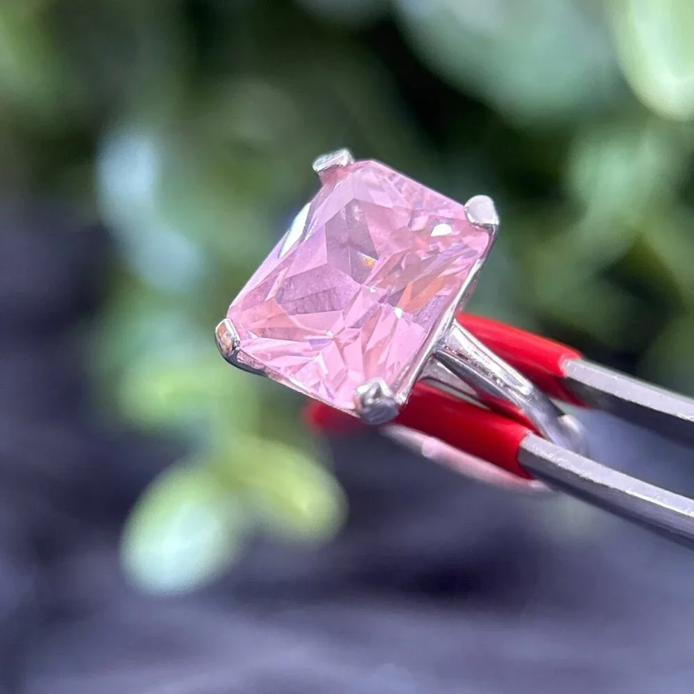 925‎ Silver Emerald Cut Pink Stone Ring